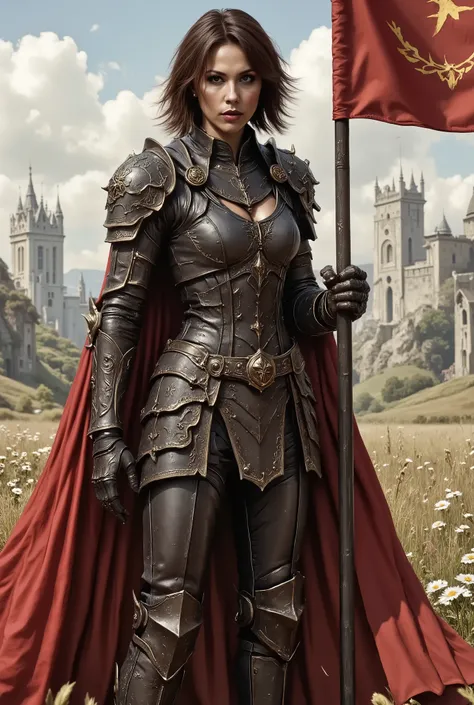 woman in armor, standing on a medieval battlefield holding a banner