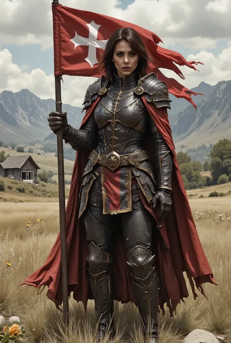 woman in armor, standing on a medieval battlefield holding a banner