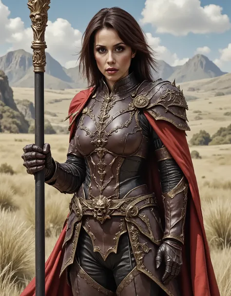 woman in armor, standing on a medieval battlefield holding a banner