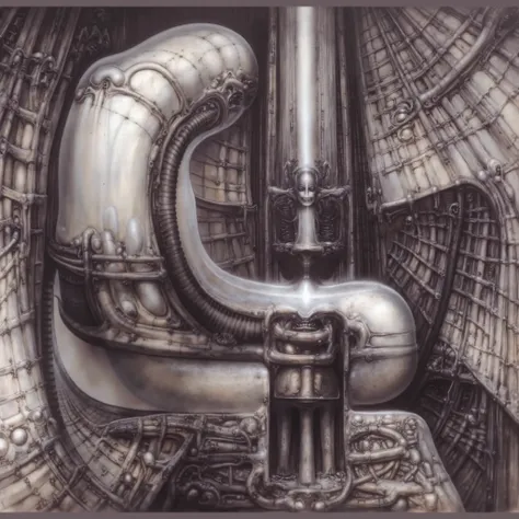 Please reproduce the original image as accurately as possible, capturing the intricate details of the biomechanical structures, the dramatic lighting, and the overall sense of unease. Find and enhance depiction of Giger's demons and creatures.(best quality...