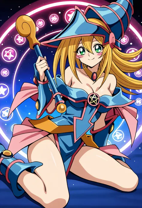 Black Magician Girl,smile,wariza,bottom-up,Estrus season,Female face,Medium breasts,blonde hair,pink magic circle,8K, 4k, highest quality, High resolution: 1.2),cute anime face、Pink blush on cheeks、noise removal、Leotard that bites into,(1 cane),have a cane...