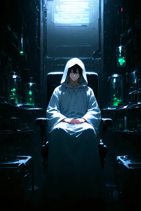 masterpiece, best quality, highest resolution, 1male, expressionless eyes, sitting on chair, lab background, science, white robe, science gown