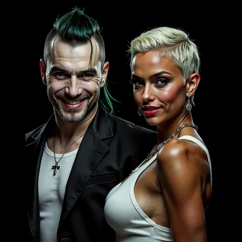 (photorealism:1.2) portrait of a man and a woman:      1:manicimg mature man, white skin, Europian, long black-green mohawk slicked on right side(no hair tails on the back, neck), deep eyes, intence emerald  green color, fine features, full lips, insane ma...