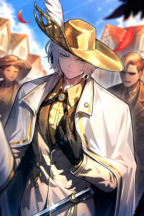 1male, white hair , gloves , (project moon\) , black gloves , blue eyes , , white cape , shirt , hat , white and gold shirt , holding a bayonet sword in one hand , plume , short hair , expressionless , collared shirt , solo focus , long sleeves , cape , ...