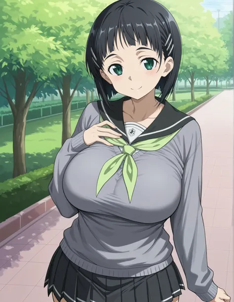 Best Quality, Good Quality, Great Quality, very beautiful, abyss dress, masterpiece, 1 girl, Asguha , short hair, black hair, hair clip, green eyes, Big Breasts,glamorous, school uniform, black sailor color, green neckerchief, grey sweater, long sleeve, ...