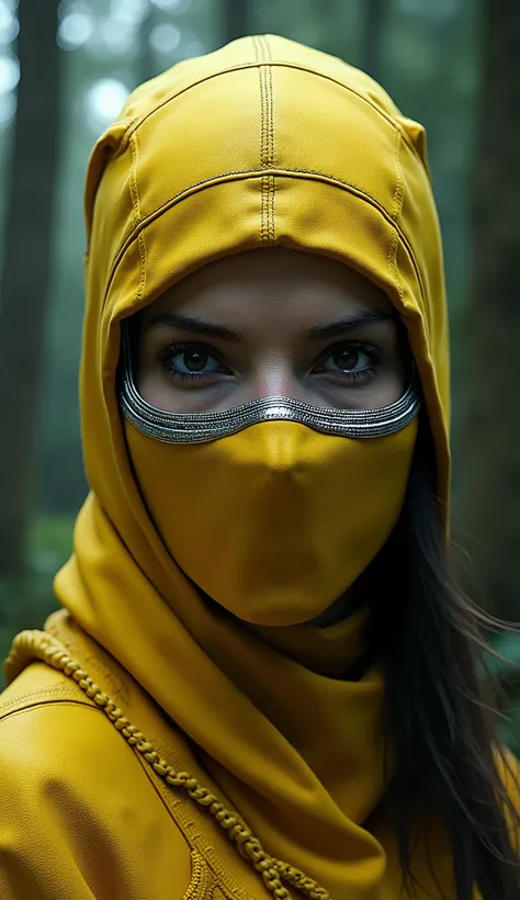 Hyper-realistic photographic style. Like Tanya Mortal Kombat. close-up do rosto. Extremely realistic yellow mask with silver details closed at the mouth . flawless skin texture. Bottom: dense forest,  Greg Rutkowski style  . dramatic lighting. 8k. 8k, rend...