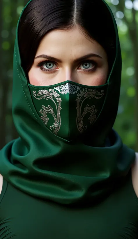 Hyper-realistic photographic style.  As Jade Mortal Kombat. close-up do rosto. Extremely realistic green mask with silver details closed around the mouth. flawless skin texture. Bottom: dense forest,  Greg Rutkowski style  . dramatic lighting. 8k. 8k, rend...