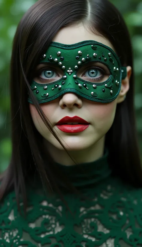 Hyper-realistic photographic style.  as jade . close-up do rosto. Extremely realistic green mask and silver details. flawless skin texture. Bottom: dense forest,  Greg Rutkowski style  . dramatic lighting. 8k. 8k, rendered on Unreal Engine 5, Bottom realis...
