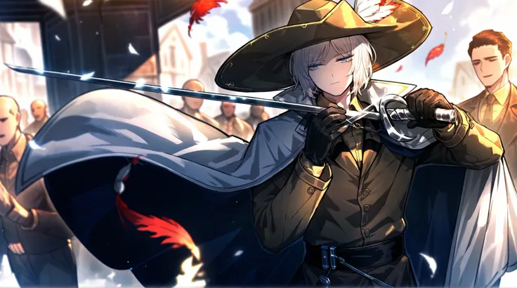 1male, white hair , gloves , (project moon\) , black gloves , blue eyes , , white cape , shirt , hat , white and gold shirt , holding a bayonet sword in one hand , plume , short hair , expressionless , collared shirt , solo focus , long sleeves , cape , ou...