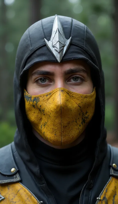 Hyper-realistic photographic style. as scorpion mortal kombat. Close-up do rosto. Extremely realistic amarelo mask and silver metalico details. flawless skin texture. Bottom: dense forest, Greg Rutkowski style . dramatic lighting. 8k. 8k, rendered in Unrea...