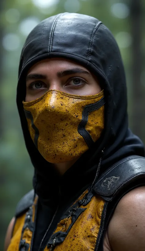Hyper-realistic photographic style. as scorpion mortal kombat. Close-up do rosto. Extremely realistic amarelo mask and silver metalico details. flawless skin texture. Bottom: dense forest, Greg Rutkowski style . dramatic lighting. 8k. 8k, rendered in Unrea...