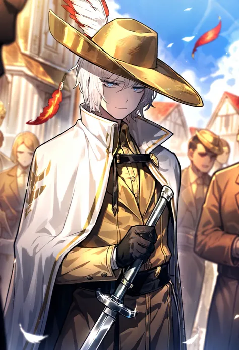 1male, white hair , gloves , (project moon\) , black gloves , blue eyes , , white cape , shirt , hat , white and gold shirt , holding a bayonet sword in one hand , plume , short hair , expressionless , collared shirt , solo focus , long sleeves , cape , ou...