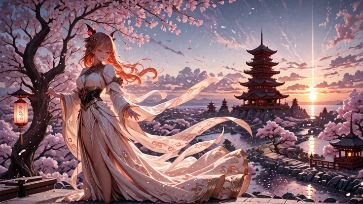 masterpiece, best quality,very aesthetic, (Succubus:1.2) AND (fox:1.2), flying, sky, long hair, floating, hair ornament, windy, (cherry blossoms:1.2), petals, swirling, ancient, temples, pagoda, river, mountains, glowing, sunset, warm tones, fantasy, mysti...