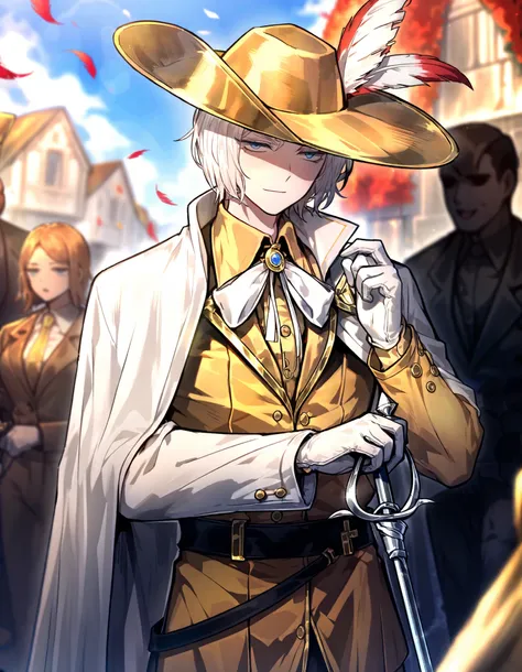1male, white hair , gloves , (project moon\) , white and gold gloves , blue eyes , , white cape , shirt , hat , white and gold shirt , holding a rapier in one hand , plume , short hair , expressionless , collared shirt , solo focus , long sleeves , cape , ...