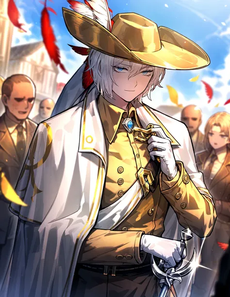 1male, white hair , gloves , (project moon\) , white and gold gloves , blue eyes , , white cape , shirt , hat , white and gold shirt , holding a rapier in one hand , plume , short hair , expressionless , collared shirt , solo focus , long sleeves , cape , ...