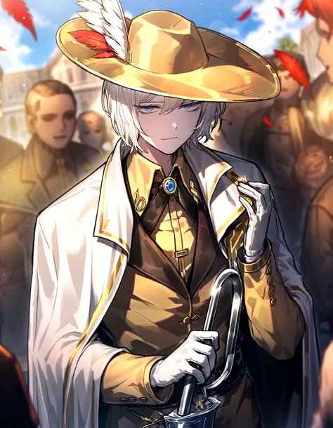 1male, white hair , gloves , (project moon\) , white and gold gloves , blue eyes , , white cape , shirt , hat , white and gold shirt , plume , short hair , expressionless , collared shirt , solo focus , long sleeves , cape , outdoors , closed mouth , sky ,...