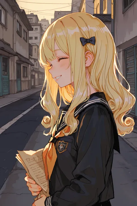 Girl with a cheerful expression , long hair with curly bangs with bows, Anime style, Black School Uniform, Side view portrait, full body, side view, cheerful look, cheerful look cuero suave, Minimum fund, interior environment, Dim environment , sharp focus...
