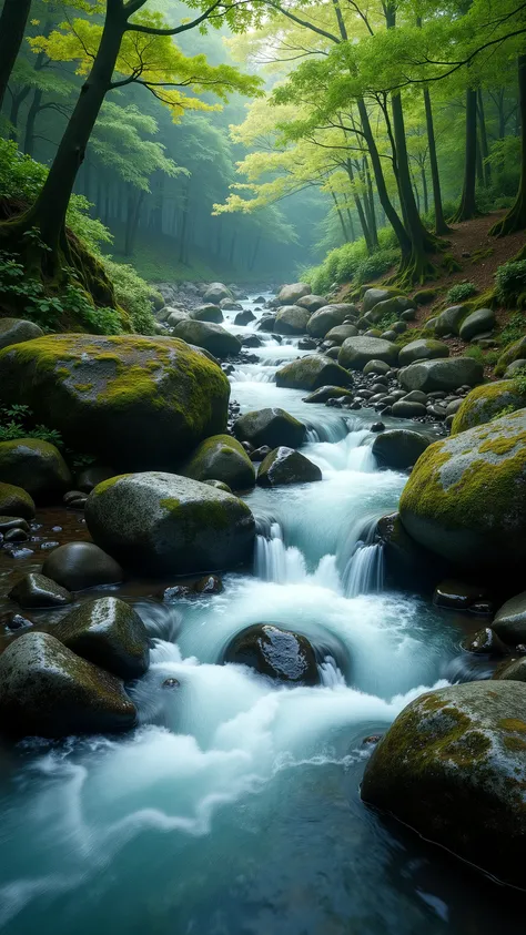 (Upstream, Highly transparent and sparkling water flows through beautiful streams in Japan), (Rocks and trees 々There is beautiful moss), ((A photo that is super beautiful and makes you feel in love)), (4K, 4K quality, Ultra HD, Ultra-detailed, very accurat...