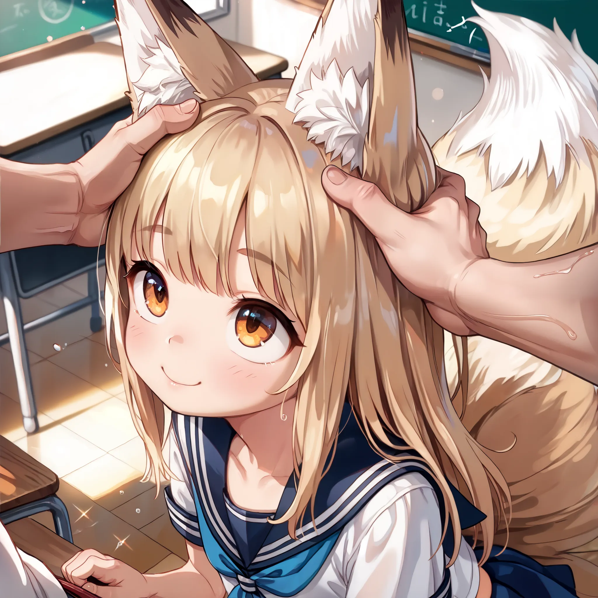 (masterpiece, best quality:1.4), (8k, ultra-detailed, anime style:1.2), cute young girl, (Fluffy fox ears, Fluffy fox Tail,:1.6), big eyes, small nose, detailed hair, ( wearing Sailor:1.4), bright and colorful background, (anime:1.3), (1 boy, Patting head:...