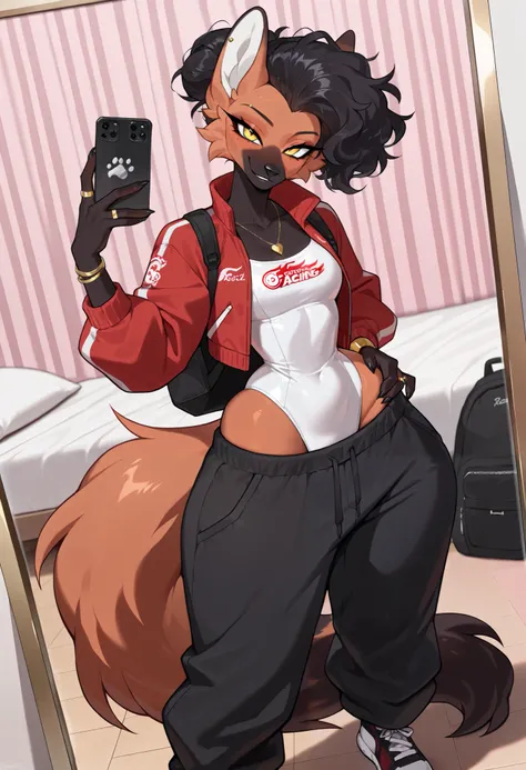 best quality, masterpiece \(quality\), L0LSPL4SH, year2024, year2023, West Studio, sixmorevodka, 1girl, by Riolutiny, solo, anthro_only, ((maned wolf)), fluffy, small breasts, (wide hips, love handles), ((black oversized pants, white leotard, red jacket, r...