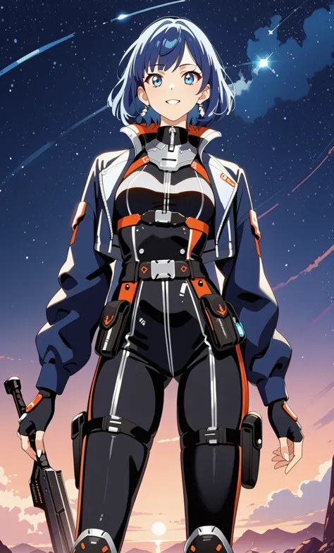 standing in a confident pose, long straight dark blue hair with bangs, futuristic outfit with a black and white color scheme, red and silver accents, long-sleeved jacket with a high collar, geometric motif on the chest, black and white boots with straps, t...