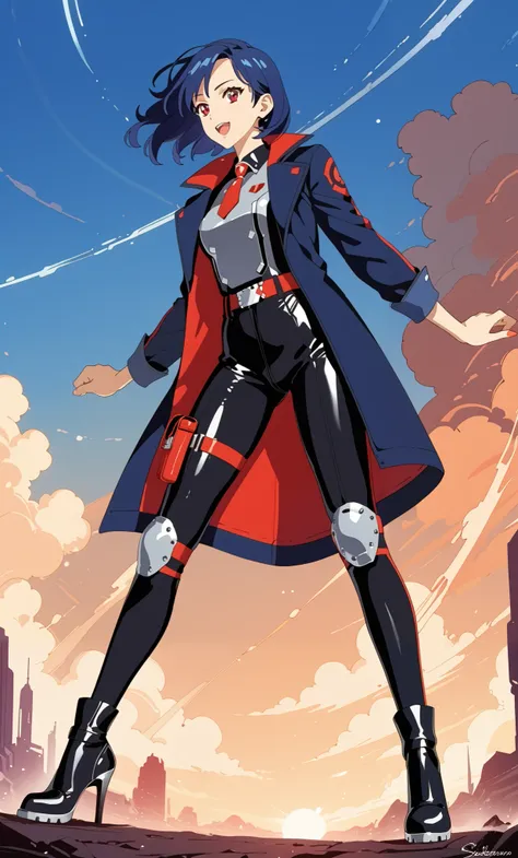 The character is depicted with long, dark blue hair and is wearing a futuristic, sleek outfit. The ensemble includes a high-collared, form-fitting gray and black jacket with red accents and a distinctive logo on the chest. The pants are black with similar ...