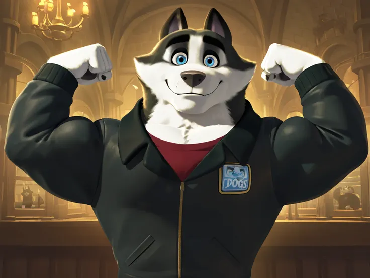 Duke (Arctic Dogs), anthro dog, black fur, white fur, male, blue eyes, black jacket, high quality, half body, flexing, looking at viewer, solo, Krakow city background