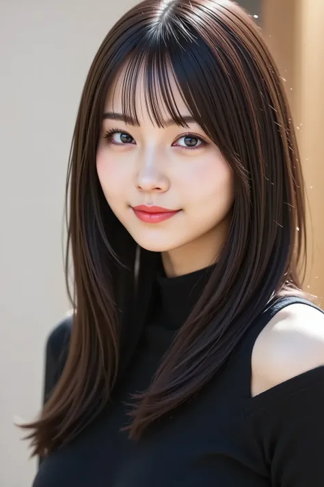 Whorl, face center of image, Big Breasts, masterpiece, fine, clean skin、plain black high neck long sleeve ribbed slim fit t-shirt、long black hair, Bangs, smile, 8k, shooting studio background