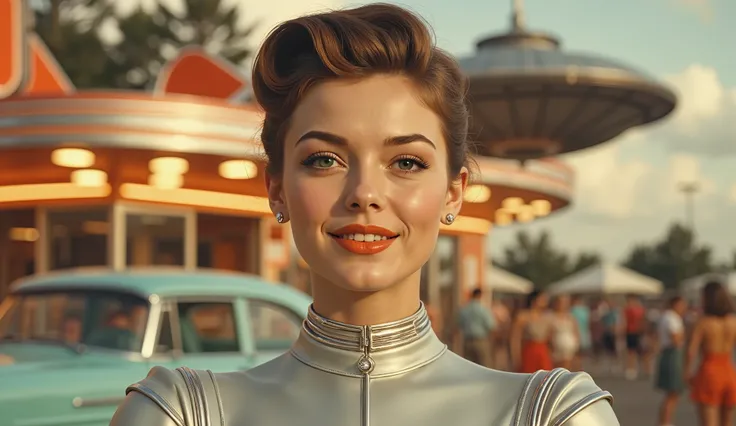 Close-up portrait of a young woman, likely in her twenties, with light-brown hair styled in a 1950s bouffant. Caucasian ethnicity. She wears a light silver-grey, metallic, close-fitting outfit that resembles a space-age or futuristic style of armor or j...