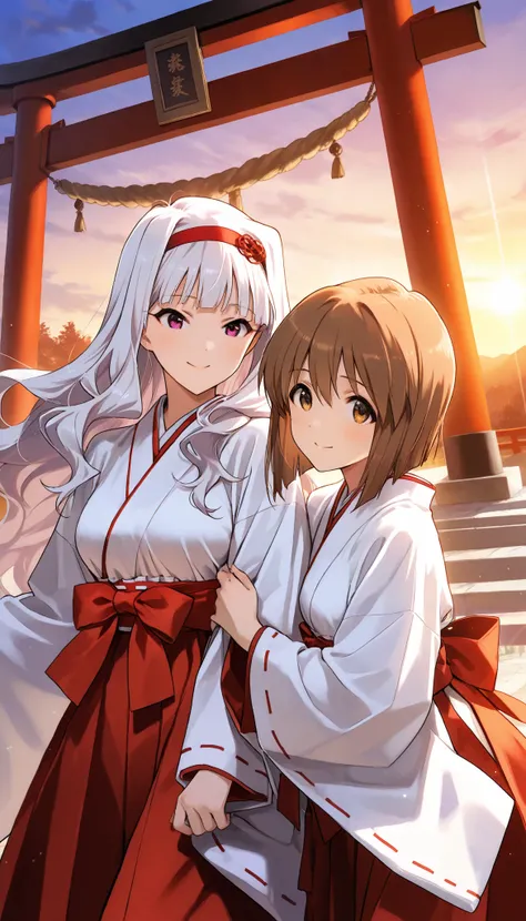 score_9 , score_8_up , score_7_up , source_anime ,2 girls, Shijou Takane, white hair, long hair, BREAK, purple eyes, Simple headband, gentle smile, Hagiwara Yukiho, brown hair, short hair, brown eyes, Smile shyly, shrine maiden clothes, In front of the tor...