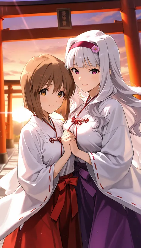 score_9 , score_8_up , score_7_up , source_anime ,2 girls, Shijou Takane, white hair, long hair, BREAK, purple eyes, Simple headband, gentle smile, Hagiwara Yukiho, brown hair, short hair, brown eyes, Smile shyly, shrine maiden clothes, In front of the tor...