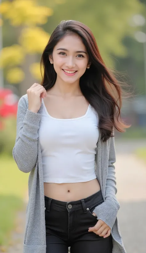 RAW, best quality, High resolution, masterpiece: 1.3), beautiful Indonesian woman, masterpiece, perfect slim body, ((big )), Beautiful big eyes, soft smile , (wearing cardigan, white shirt and black skinny jeans), smiling, wind , skin detail , skin te...