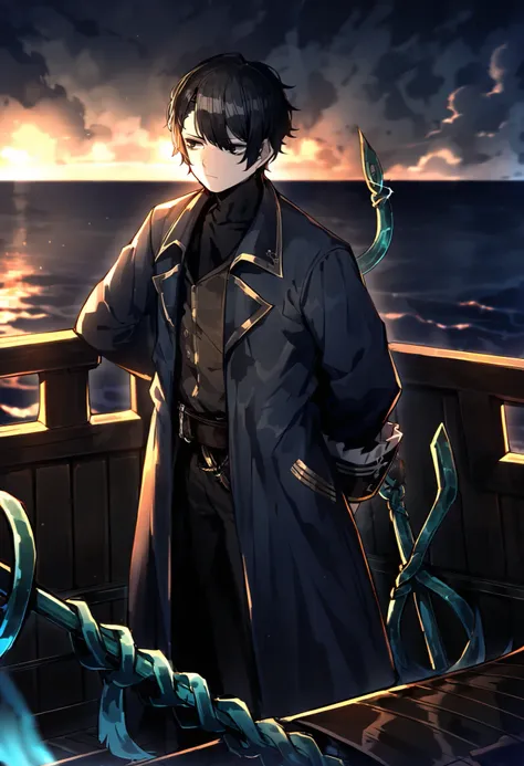 1male, Black hair, black eyes, shirt, black shirt, plume, short hair, expressionless, pirate captain outfit, long sleeves, outdoors, closed mouth, sky, coat, weapon , dark blue coat, on ship, trident with three prongs on back, hatless, alone, solo, unkempt...