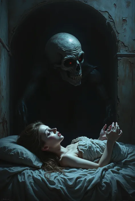 A young woman lies on her bed, terrified, facing a horrific skeletal figure shrouded in darkness. The scene is filled with dread and fear. Oil painting, Dark Fantasy. Deep shadows. A grainy and textured surface. The background is a dark, decayed, and crumb...