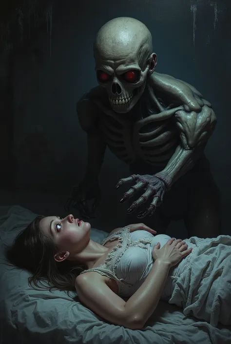 A young woman lies on her bed, terrified, facing a horrific skeletal figure shrouded in darkness. The scene is filled with dread and fear. Oil painting, Dark Fantasy. Deep shadows. A grainy and textured surface. The background is a dark, decayed, and crumb...