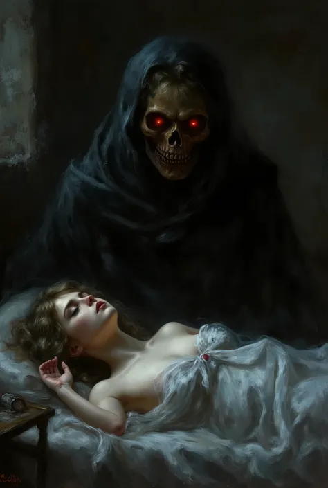 A young woman lies on her bed, terrified, facing a horrific skeletal figure shrouded in darkness. The scene is filled with dread and fear. Oil painting, Dark Fantasy. Deep shadows. A grainy and textured surface. The background is a dark, decayed, and crumb...
