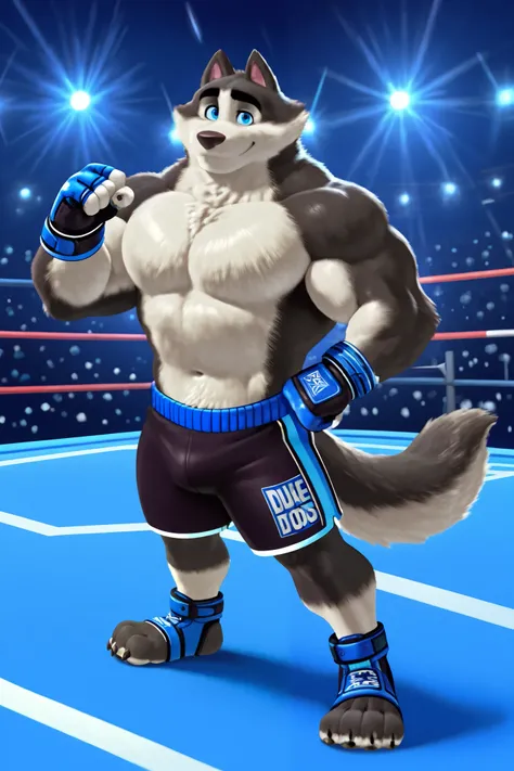 Duke (Arctic Dogs), anthro dog, black fur, white fur, male, blue eyes, high quality, half body, solo, fighting arena background, thick arms, thick legs, thick muscular, shirtless, black MMA shorts with blue slits, MMA gloves with knuckle pads, fingerless g...