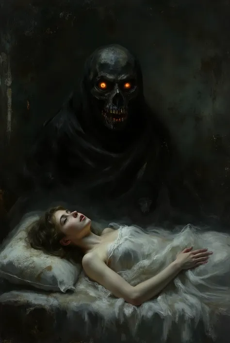 A young woman lies on her bed, terrified, facing a horrific skeletal figure shrouded in darkness. The scene is filled with dread and fear. Oil painting, Dark Fantasy. Deep shadows. A grainy and textured surface. The background is a dark, decayed, and crumb...