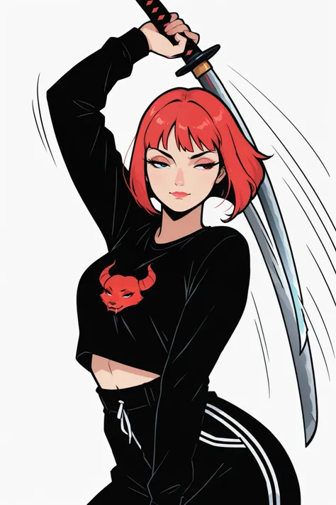 Anime girl,  katana , NFT style AZUKI, Blank background, solid background, Dynamic pose,  pretty face, correct anotomy, beautiful eyes ,   adult, streetwear, thick, clear lines
