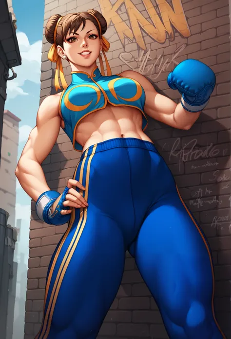 score_9, score_8_up, score_7_up, score_6_up, source_cartoon, BREAK masterpiece. CHUNLIAL, brown eyes, double bun, yellow ribbon, blue leggings, stomach, crop top, sleeveless, boxing gloves, breasts, hand on own hip, looking at viewer, smile, parted lips,be...
