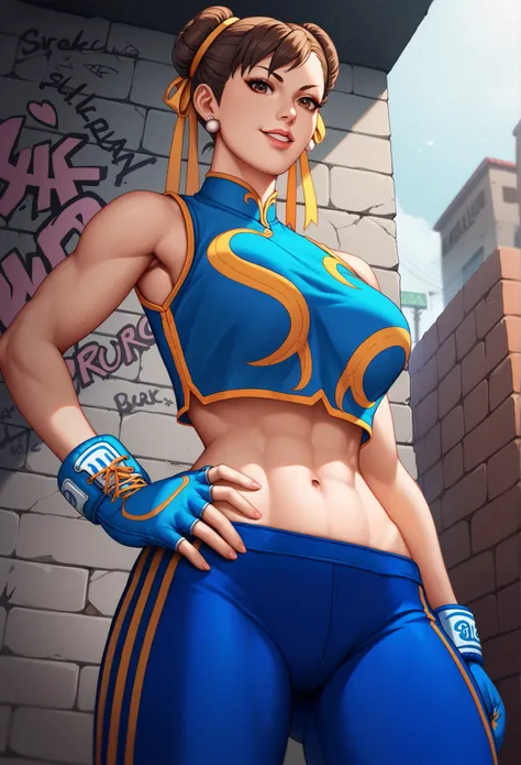 score_9, score_8_up, score_7_up, score_6_up, source_cartoon, BREAK masterpiece. CHUNLIAL, brown eyes, double bun, yellow ribbon, blue leggings, stomach, crop top, sleeveless, boxing gloves, breasts, hand on own hip, looking at viewer, smile, parted lips,be...