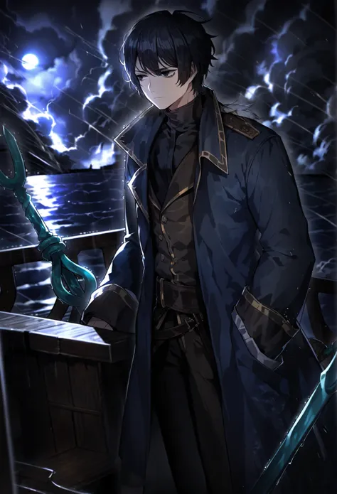 1male, Black hair, black eyes, shirt, black shirt, plume, short hair, expressionless, pirate captain outfit, long sleeves, closed mouth, sky, coat, weapon , dark blue coat, on ship, trident with three prongs on back, hatless, unkempt hair, cloudy, night, s...