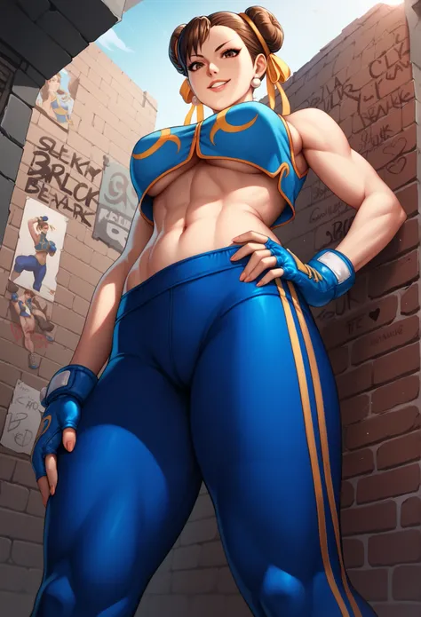 score_9, score_8_up, score_7_up, score_6_up, source_cartoon, BREAK masterpiece. CHUNLIAL, brown eyes, double bun, yellow ribbon, blue leggings, stomach, crop top, sleeveless, boxing gloves, breasts, hand on own hip, looking at viewer, smile, parted lips,be...