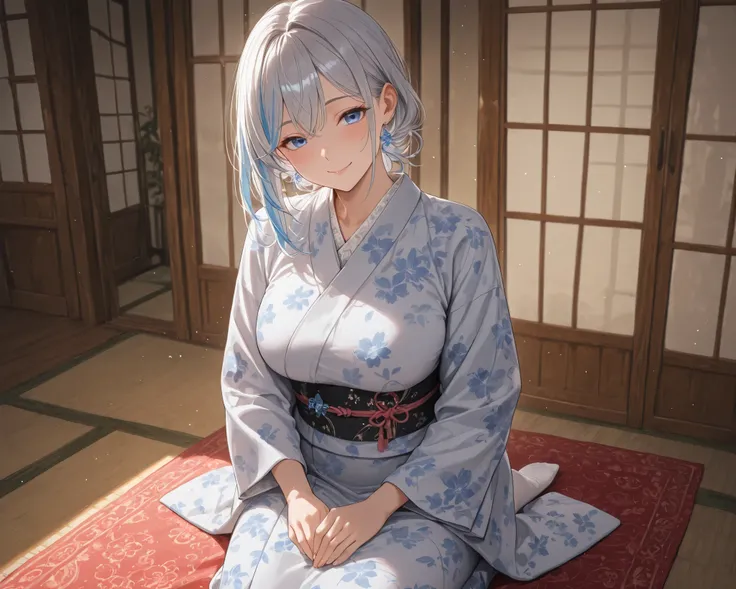 solo、close-up、mature woman、Full Cheek、very cute face、Tilt your head、 Silver Hair、blue streaked hair、wave hair、Medium Hair、Blue Eyes、Beautiful girl with a smile like a goddess 、curvy beauty、long sleeve、kimono、indoors、living、 rugs to lay、seiza, sit、 downtown...