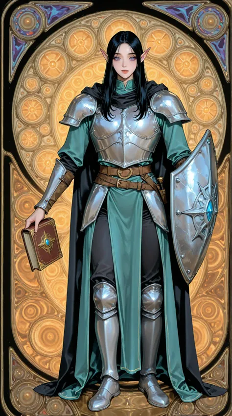 ultra-detailed , Dungeons & Dragons , adventure portforio ,1 mature male elf wizard , explorer outfit , shield , spellbook , chest plate armor , abstract beauty , 8k post production, high resolution, hyperdetailed, highly detailed, full color ,beautiful de...