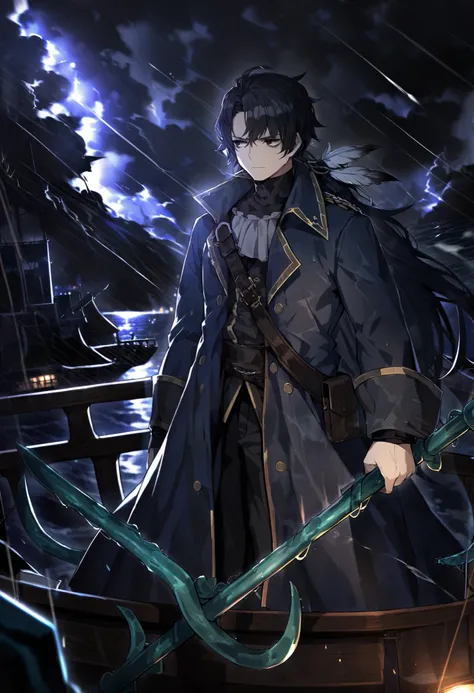 1male, Black hair, black eyes, shirt, black shirt, plume, long hair, expressionless, pirate captain outfit, long sleeves, closed mouth, sky, coat, weapon , dark blue coat, on ship, trident with three prongs on back, hatless, unkempt hair, cloudy, night, st...