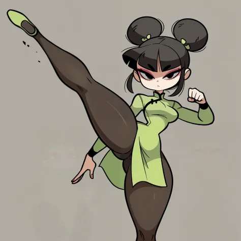 1girl, solo, short black hair, two buns, middle bangs, black eyes, makeup, eyelashes, eyeshadow, medium breasts, narrow waist, wide hips, thick thighs, green qipao dress, black pantyhose, serious, high kick pose, fight stance, standing, looking at viewer, ...