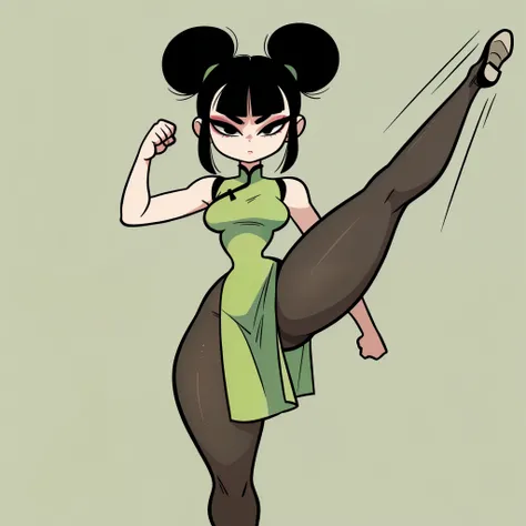 1girl, solo, short black hair, two buns, middle bangs, black eyes, makeup, eyelashes, eyeshadow, medium breasts, narrow waist, wide hips, thick thighs, green qipao dress, black pantyhose, serious, high kick pose, fight stance, standing, looking at viewer, ...
