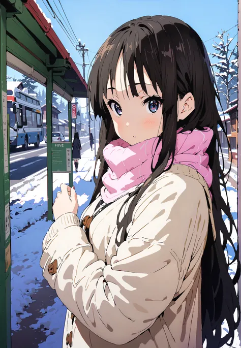 mioakiyama, Mio Akiyama, long hair, bungs, black hair, dark eyes, Princess Cut,long skirt hair
blushing,white breath,duffle coat,(sweater  :1.2),( turtleneck:1.2),Pink scarf, white long skirt,boots,clothed,winter,snow,Beautiful Scenery,full bodyがイラストに入るように...