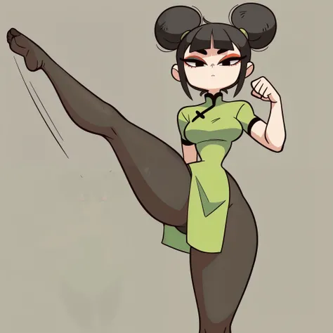 1girl, solo, short black hair, two buns, middle bangs, black eyes, makeup, eyelashes, eyeshadow, medium breasts, narrow waist, wide hips, thick thighs, green qipao dress, black pantyhose, serious, high kick pose, fight stance, standing, looking at viewer, ...